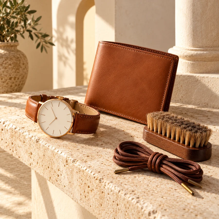 Leather watch, wallet and shoe care accessories