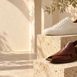 Ivory sneaker and traditional brown chappal on warm stone plinths