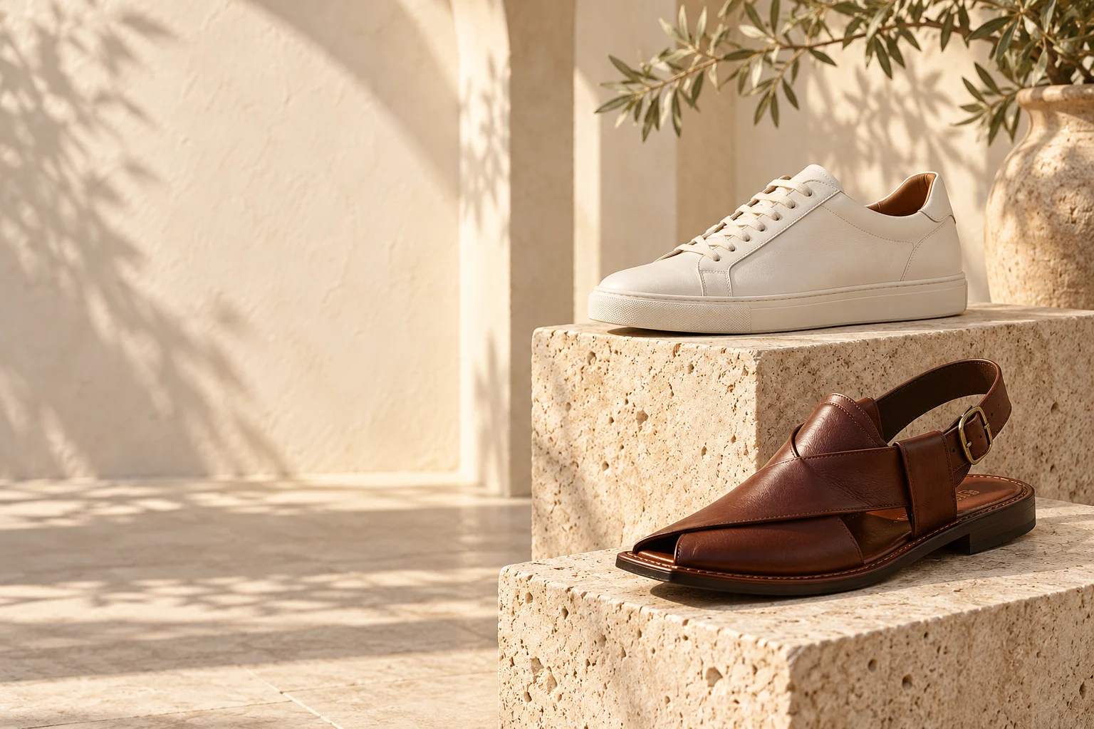 Ivory sneaker and traditional brown chappal from the Zalmi Shoes collection
